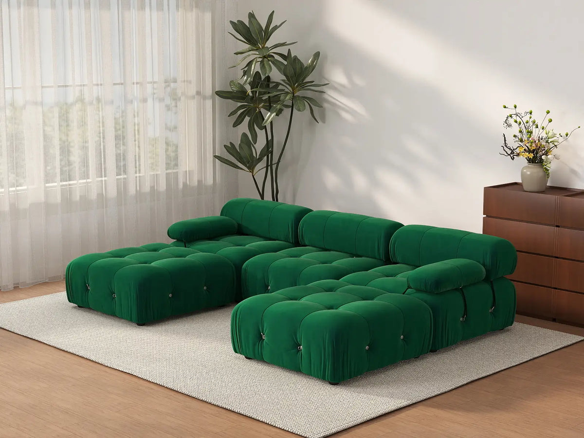 Éther Green 3-Seater U-Shaped Sectionals | 5-Piece (includes 2 ottomans), Velvet Fabric, Fixed Upholstery