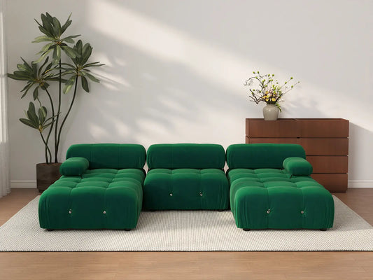 Éther Green 3-Seater U-Shaped Sectionals | 5-Piece (includes 2 ottomans), Velvet Fabric, Fixed Upholstery