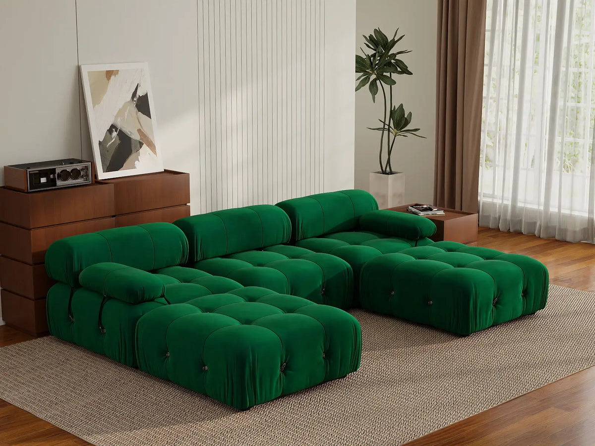 Éther Green 3-Seater U-Shaped Sectionals | 5-Piece (includes 2 ottomans), Velvet Fabric, Fixed Upholstery
