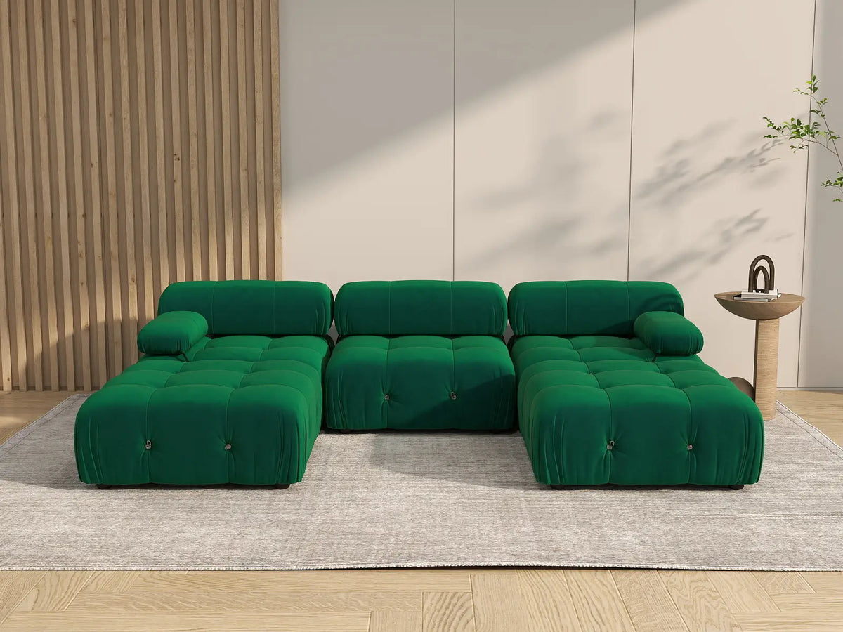 Éther Green 3-Seater U-Shaped Sectionals | 5-Piece (includes 2 ottomans), Velvet Fabric, Fixed Upholstery