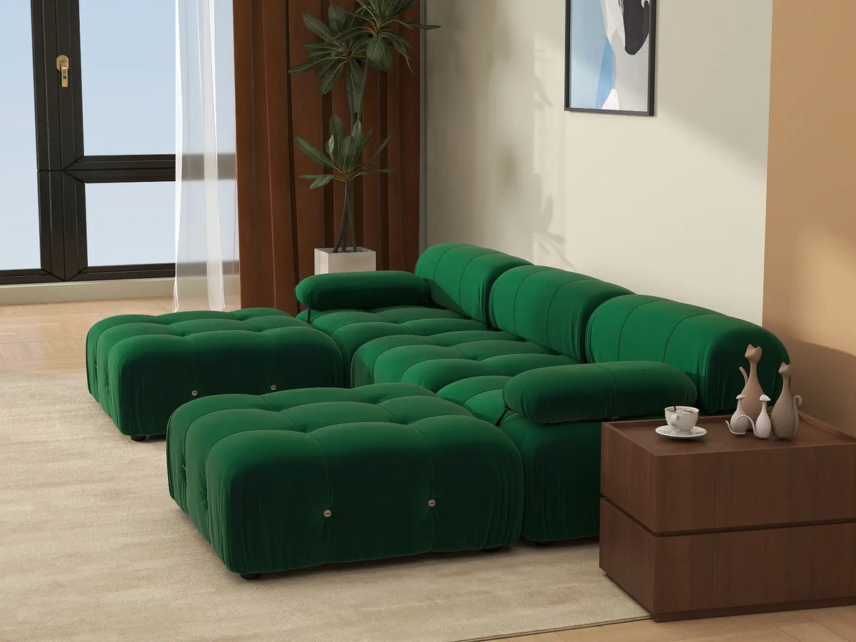 Éther Green 3-Seater U-Shaped Sectionals | 5-Piece (includes 2 ottomans), Velvet Fabric, Fixed Upholstery