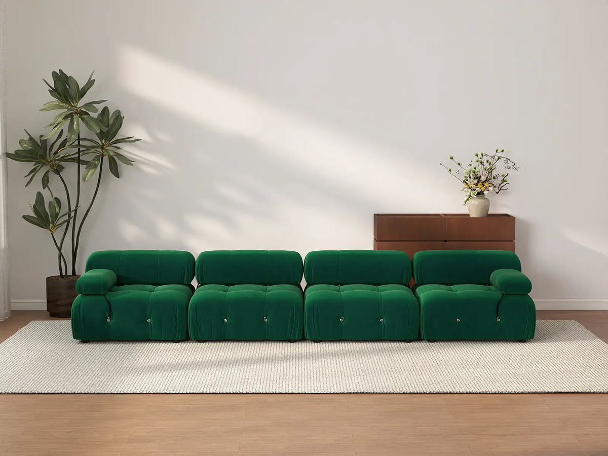 Éther Green 4-Seater Couch Sectionals | 4-Piece, Velvet Fabric, Fixed Upholstery