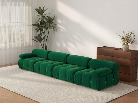 Éther Green 4-Seater Couch Sectionals | 4-Piece, Velvet Fabric, Fixed Upholstery