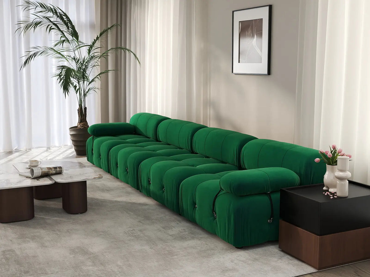 Éther Green 4-Seater Couch Sectionals | 4-Piece, Velvet Fabric, Fixed Upholstery