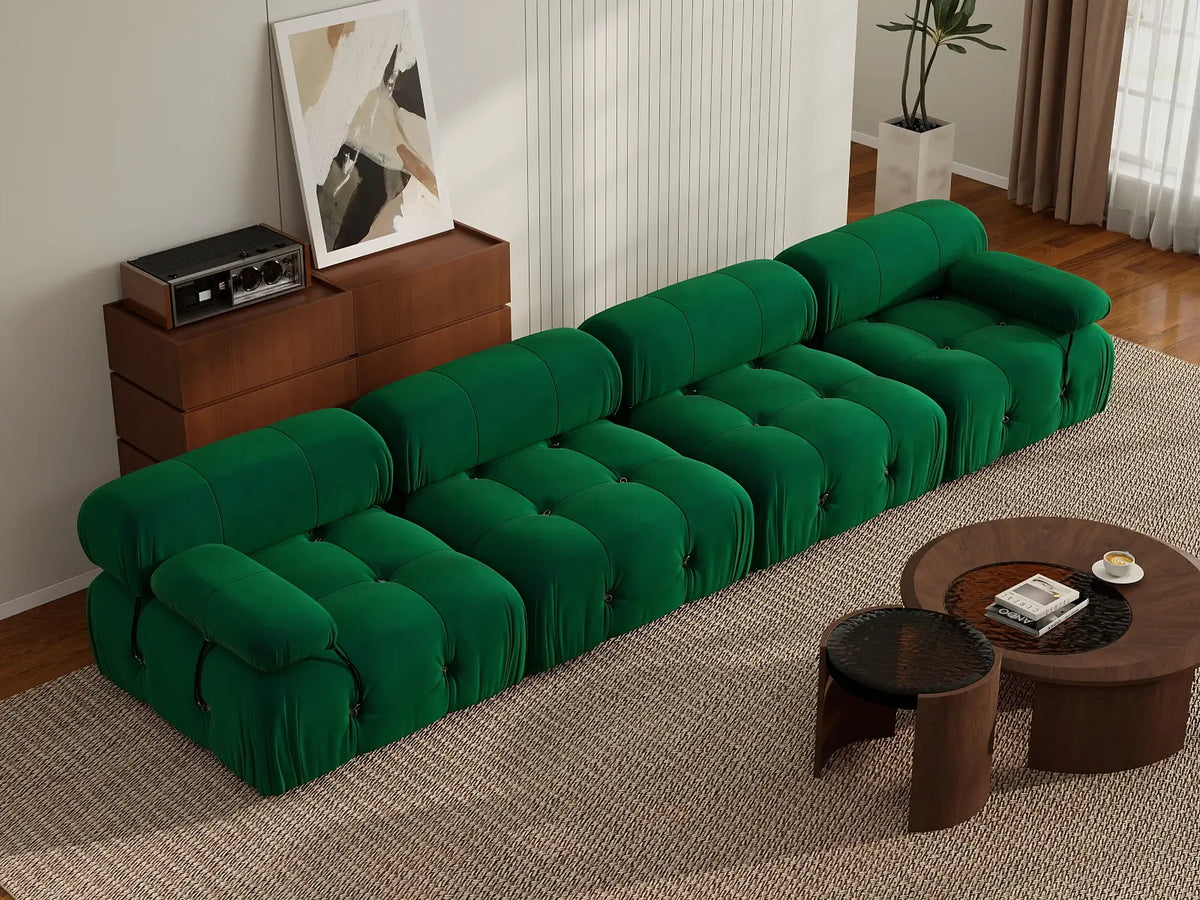 Éther Green 4-Seater Couch Sectionals | 4-Piece, Velvet Fabric, Fixed Upholstery