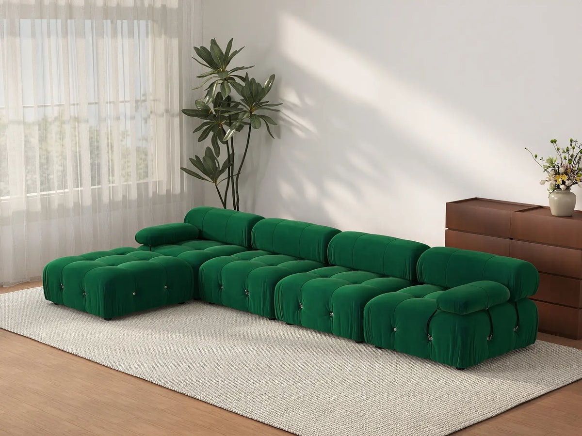 Éther Green 4-Seater L-Shaped Sectionals | 5-Piece (includes 1 ottoman), Velvet Fabric, Fixed Upholstery