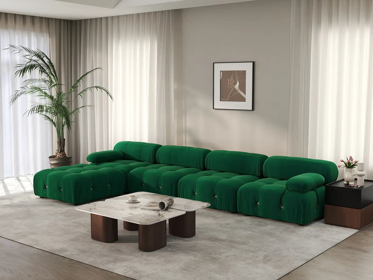 Éther Green 4-Seater L-Shaped Sectionals | 5-Piece (includes 1 ottoman), Velvet Fabric, Fixed Upholstery