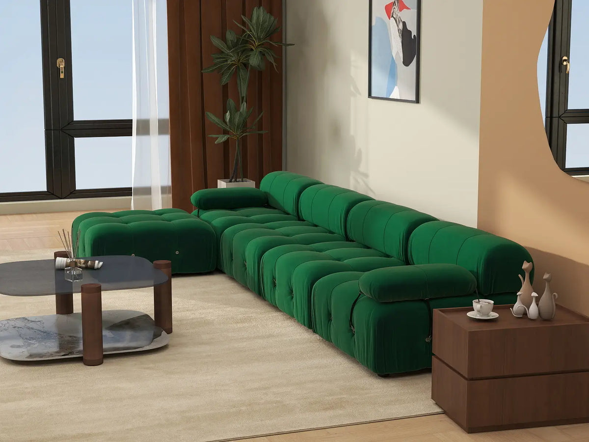 Éther Green 4-Seater L-Shaped Sectionals | 5-Piece (includes 1 ottoman), Velvet Fabric, Fixed Upholstery