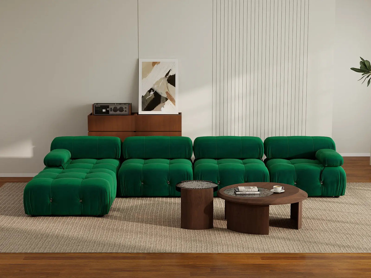 Éther Green 4-Seater L-Shaped Sectionals | 5-Piece (includes 1 ottoman), Velvet Fabric, Fixed Upholstery