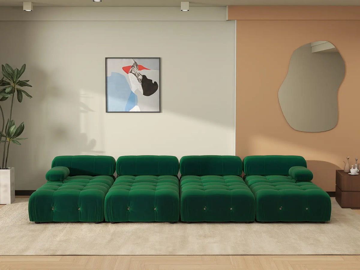 Éther Green 4-Seater Pit Sectionals | 8-Piece (includes 4 ottomans), Velvet Fabric, Fixed Upholstery