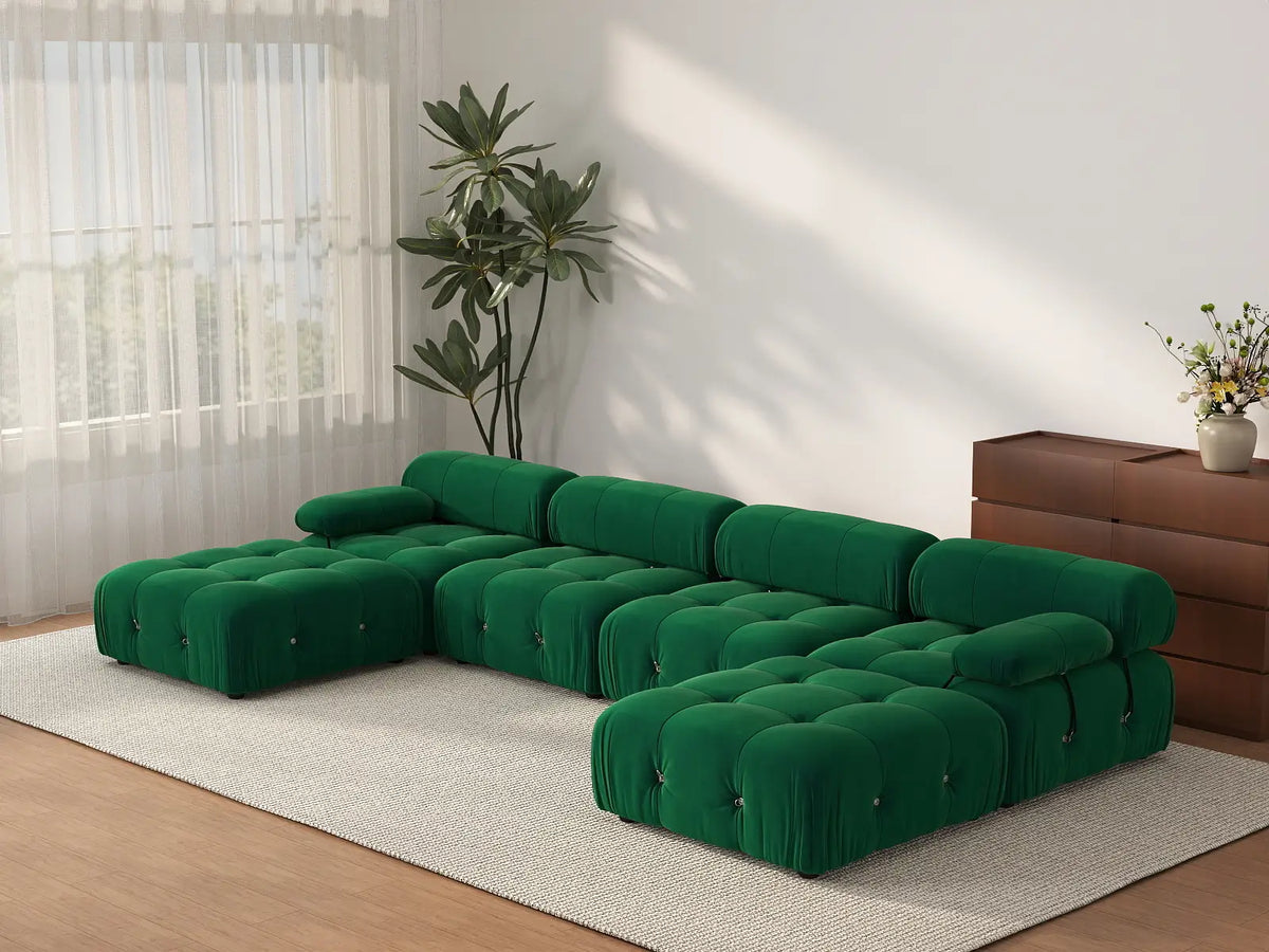 Éther Green 4-Seater U-Shaped Sectionals | 6-Piece (includes 2 ottomans), Velvet Fabric, Fixed Upholstery