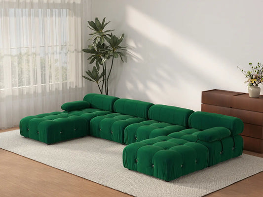 Sofá modular en forma de U Matrix de 4 plazas, color verde | Juego de 6 piezas (incluye 2 otomanas), tapizado en terciopelo, diseño espacioso.