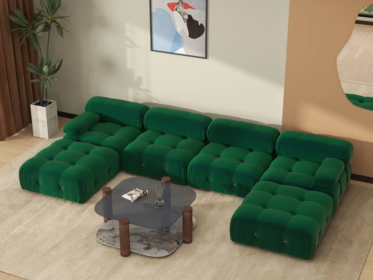 Éther Green 4-Seater U-Shaped Sectionals | 6-Piece (includes 2 ottomans), Velvet Fabric, Fixed Upholstery