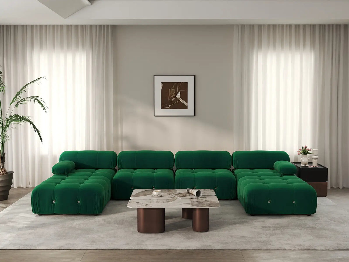 Éther Green 4-Seater U-Shaped Sectionals | 6-Piece (includes 2 ottomans), Velvet Fabric, Fixed Upholstery