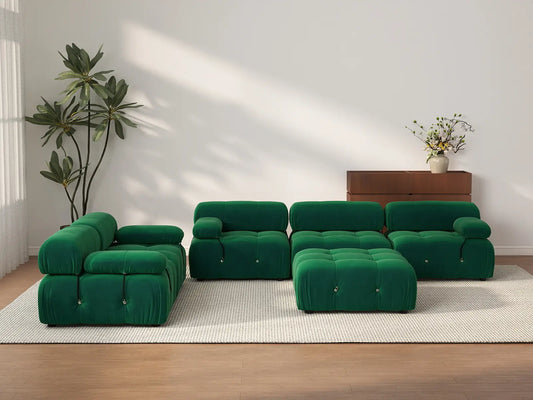Éther Green 5-Seater Sofa Sets | 6-Piece (includes 1 ottoman), Velvet Fabric, Fixed Upholstery