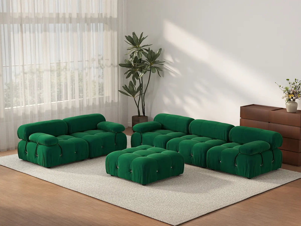 Éther Green 5-Seater Sofa Sets | 6-Piece (includes 1 ottoman), Velvet Fabric, Fixed Upholstery