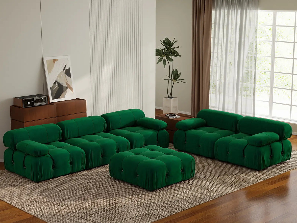 Éther Green 5-Seater Sofa Sets | 6-Piece (includes 1 ottoman), Velvet Fabric, Fixed Upholstery