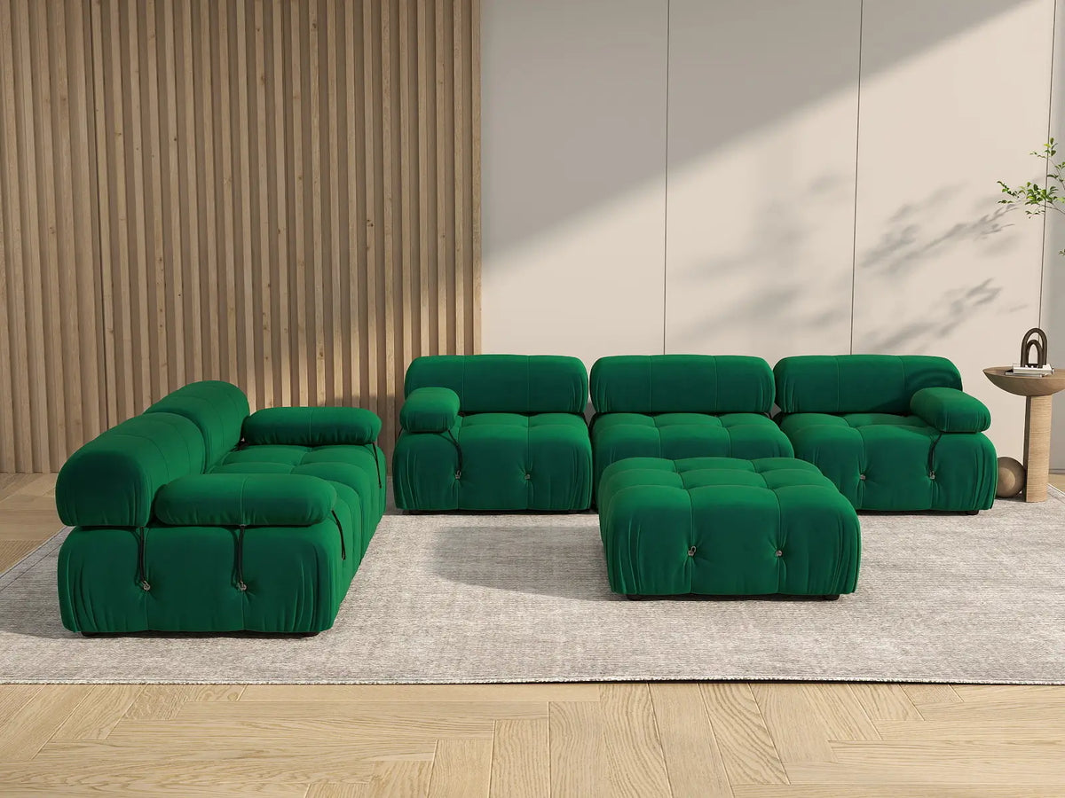 Éther Green 5-Seater Sofa Sets | 6-Piece (includes 1 ottoman), Velvet Fabric, Fixed Upholstery