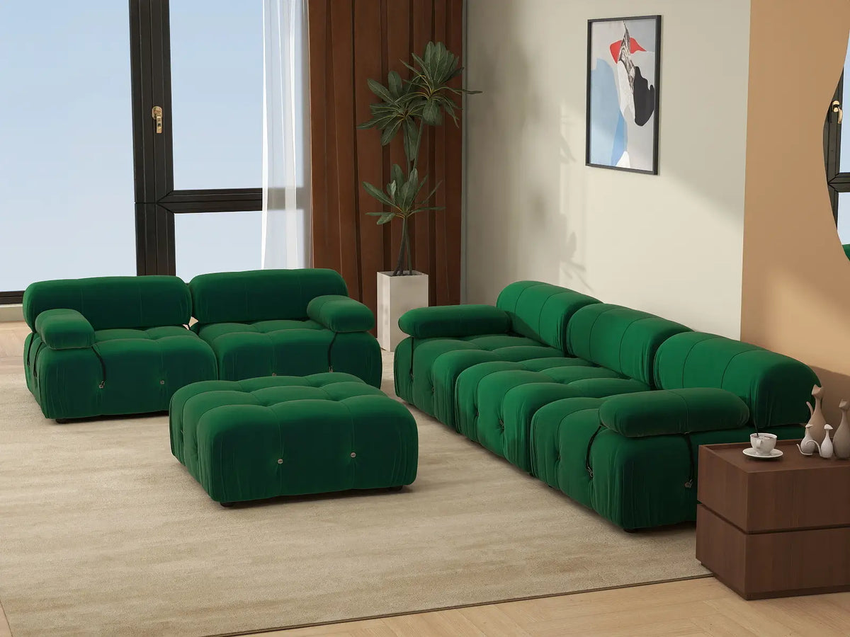 Éther Green 5-Seater Sofa Sets | 6-Piece (includes 1 ottoman), Velvet Fabric, Fixed Upholstery