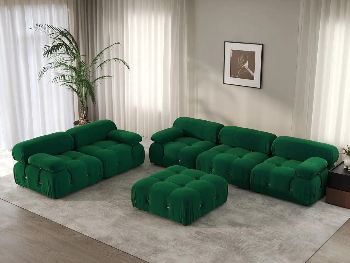 Éther Green 5-Seater Sofa Sets | 6-Piece (includes 1 ottoman), Velvet Fabric, Fixed Upholstery