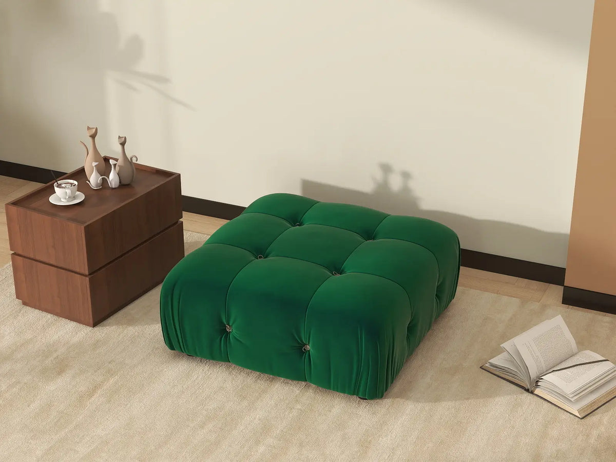 Éther Green Ottomans | 1-Piece (includes 1 ottoman), Velvet Fabric, Fixed Upholstery