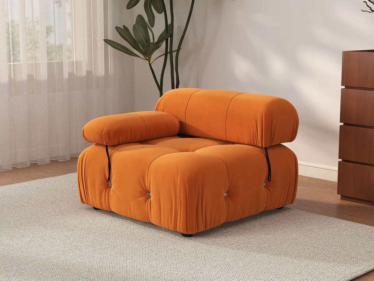 Éther Orange 1-Seater Single Sofa | 1-Piece, Velvet Fabric, Fixed Upholstery