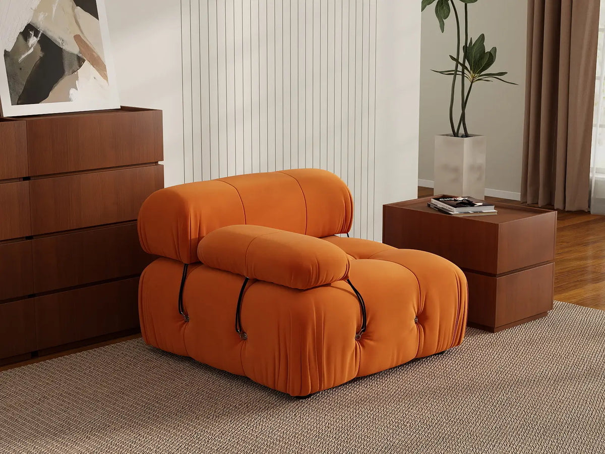 Éther Orange 1-Seater Single Sofa | 1-Piece, Velvet Fabric, Fixed Upholstery