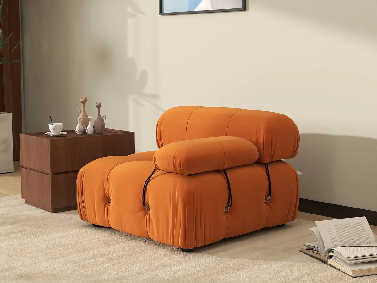 Éther Orange 1-Seater Single Sofa | 1-Piece, Velvet Fabric, Fixed Upholstery