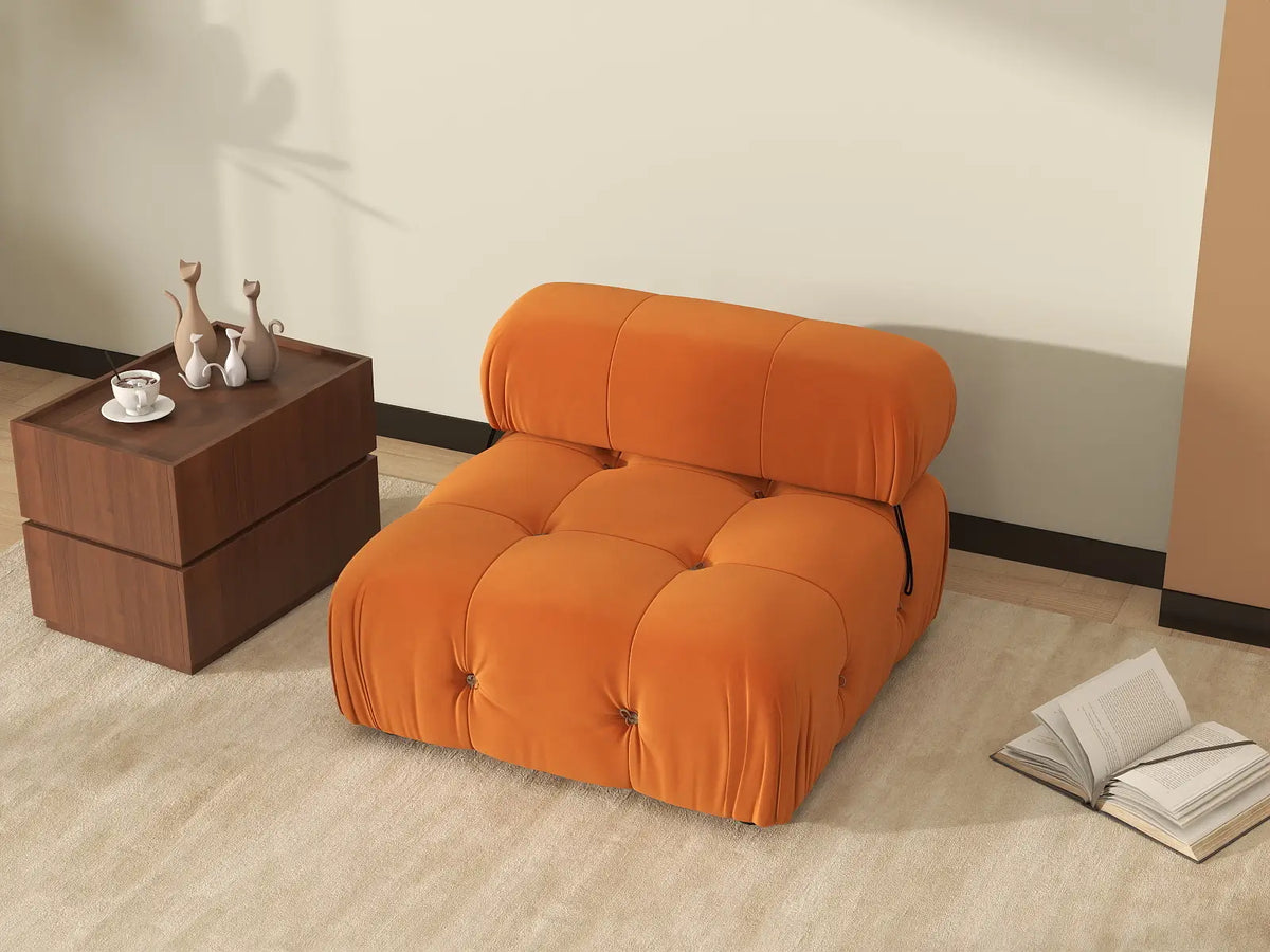 Éther Orange 1-Seater Single Sofa | 1-Piece, Velvet Fabric, Fixed Upholstery