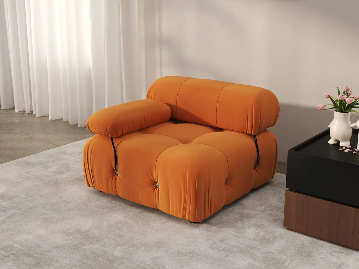 Éther Orange 1-Seater Single Sofa | 1-Piece, Velvet Fabric, Fixed Upholstery