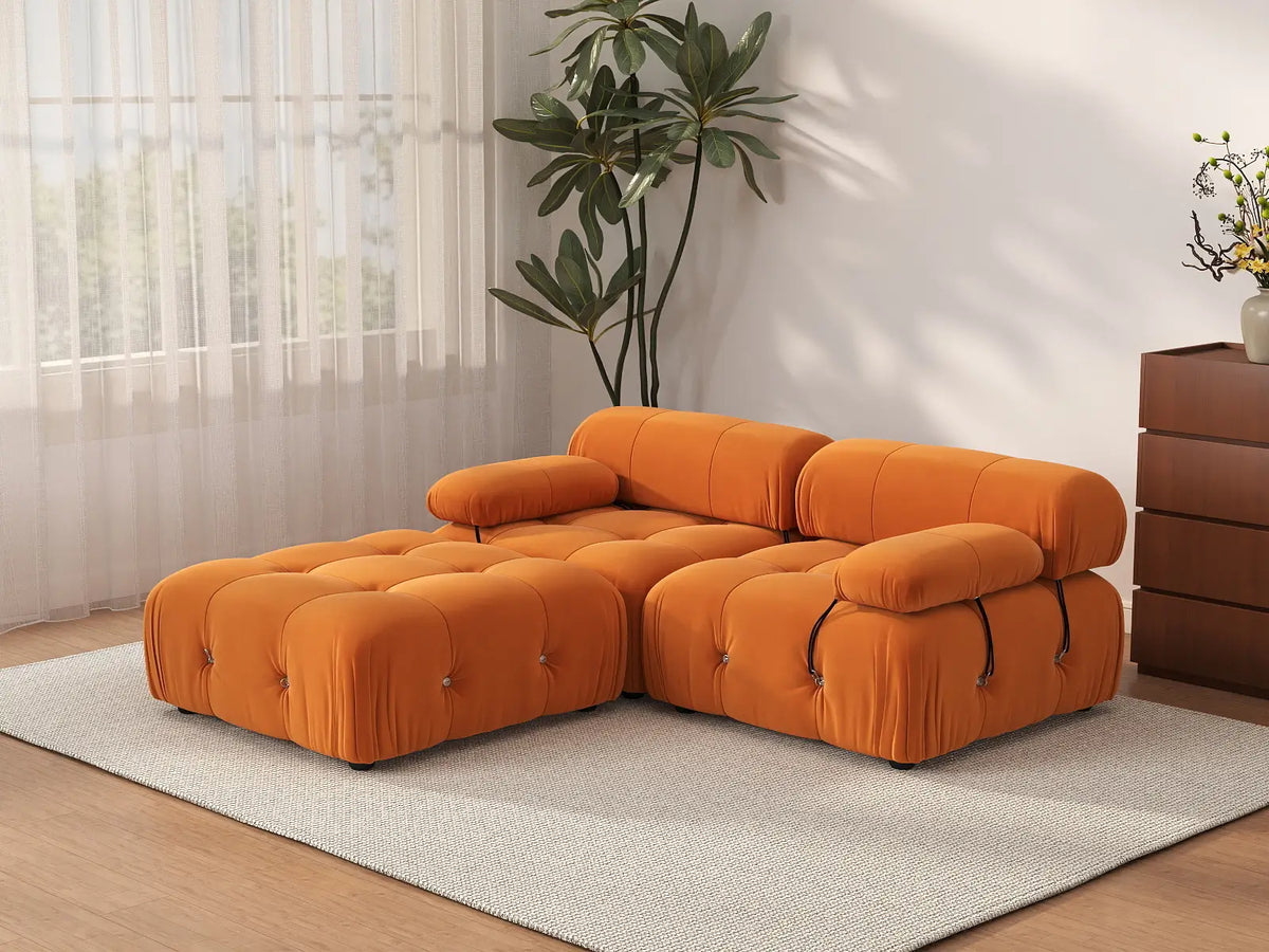 Éther Orange 2-Seater Chaise Sectionals | 3-Piece (includes 1 ottoman), Velvet Fabric, Fixed Upholstery