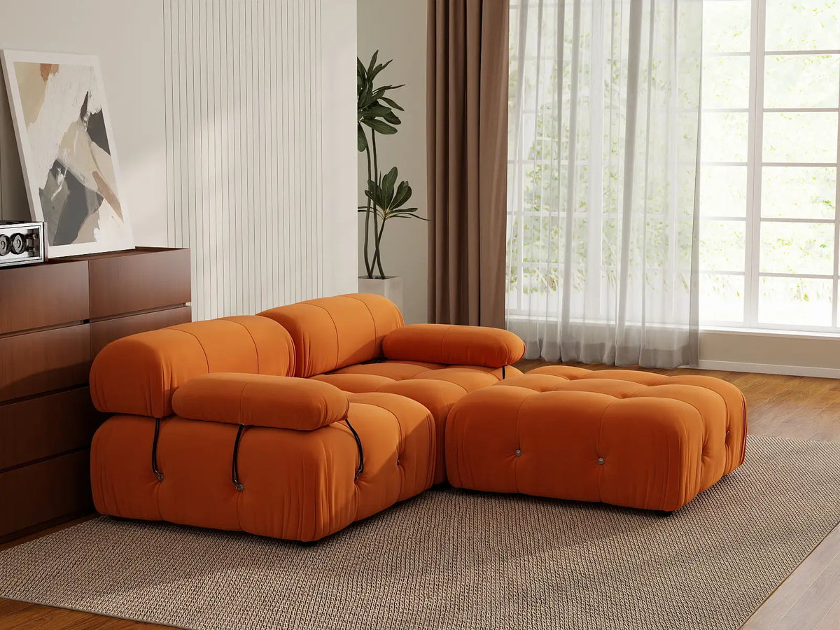 Éther Orange 2-Seater Chaise Sectionals | 3-Piece (includes 1 ottoman), Velvet Fabric, Fixed Upholstery