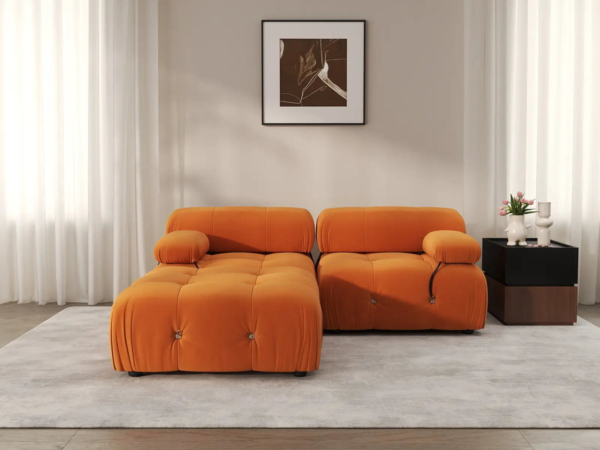 Éther Orange 2-Seater Chaise Sectionals | 3-Piece (includes 1 ottoman), Velvet Fabric, Fixed Upholstery