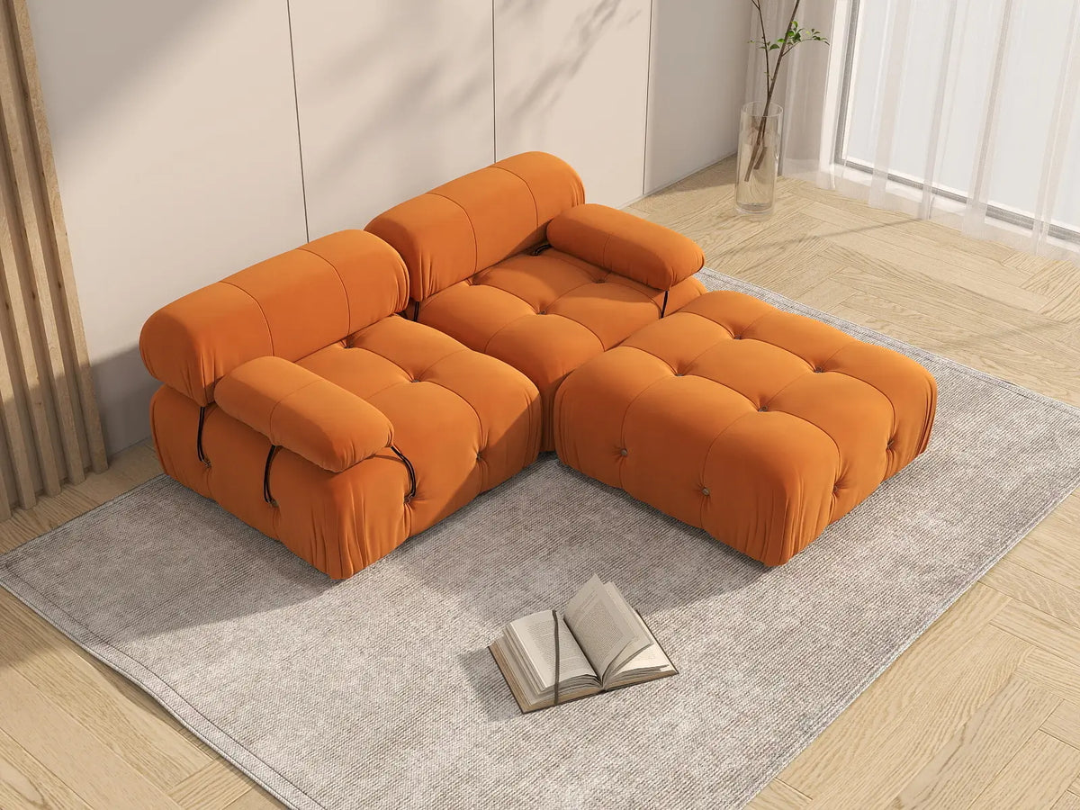 Éther Orange 2-Seater Chaise Sectionals | 3-Piece (includes 1 ottoman), Velvet Fabric, Fixed Upholstery