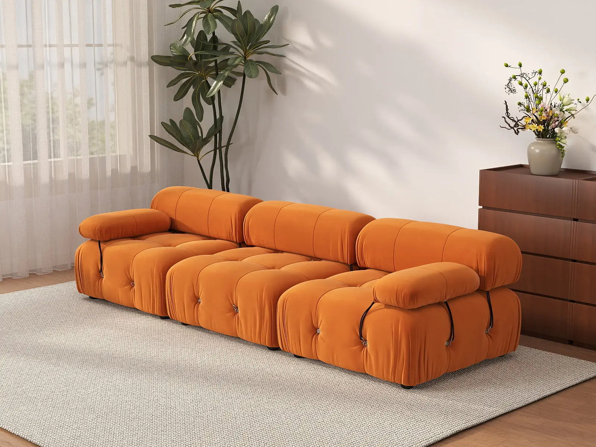 Éther Orange 3-Seater Couch Sectionals | 3-Piece, Velvet Fabric, Fixed Upholstery