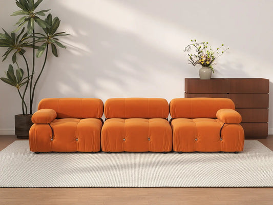Éther Orange 3-Seater Couch Sectionals | 3-Piece, Velvet Fabric, Fixed Upholstery