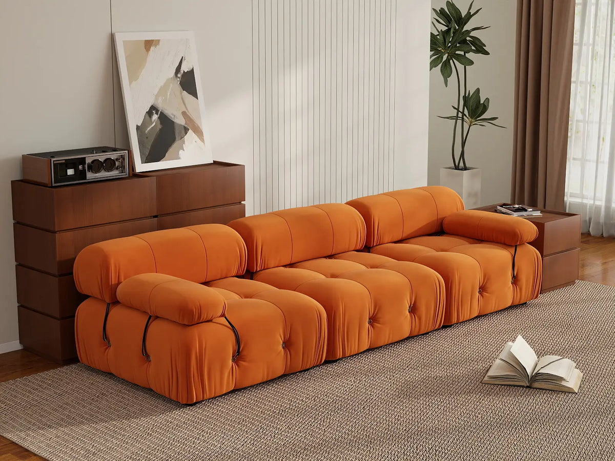 Éther Orange 3-Seater Couch Sectionals | 3-Piece, Velvet Fabric, Fixed Upholstery
