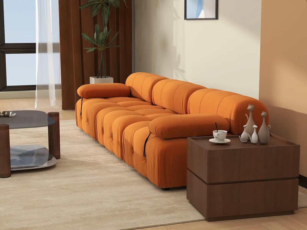 Éther Orange 3-Seater Couch Sectionals | 3-Piece, Velvet Fabric, Fixed Upholstery