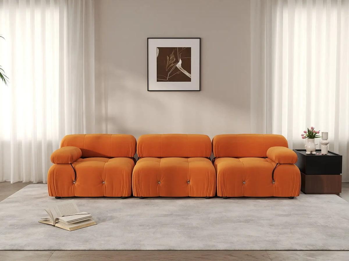 Éther Orange 3-Seater Couch Sectionals | 3-Piece, Velvet Fabric, Fixed Upholstery