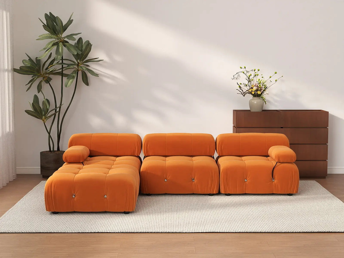 Éther Orange 3-Seater L-Shaped Sectionals | 4-Piece (includes 1 ottoman), Velvet Fabric, Fixed Upholstery