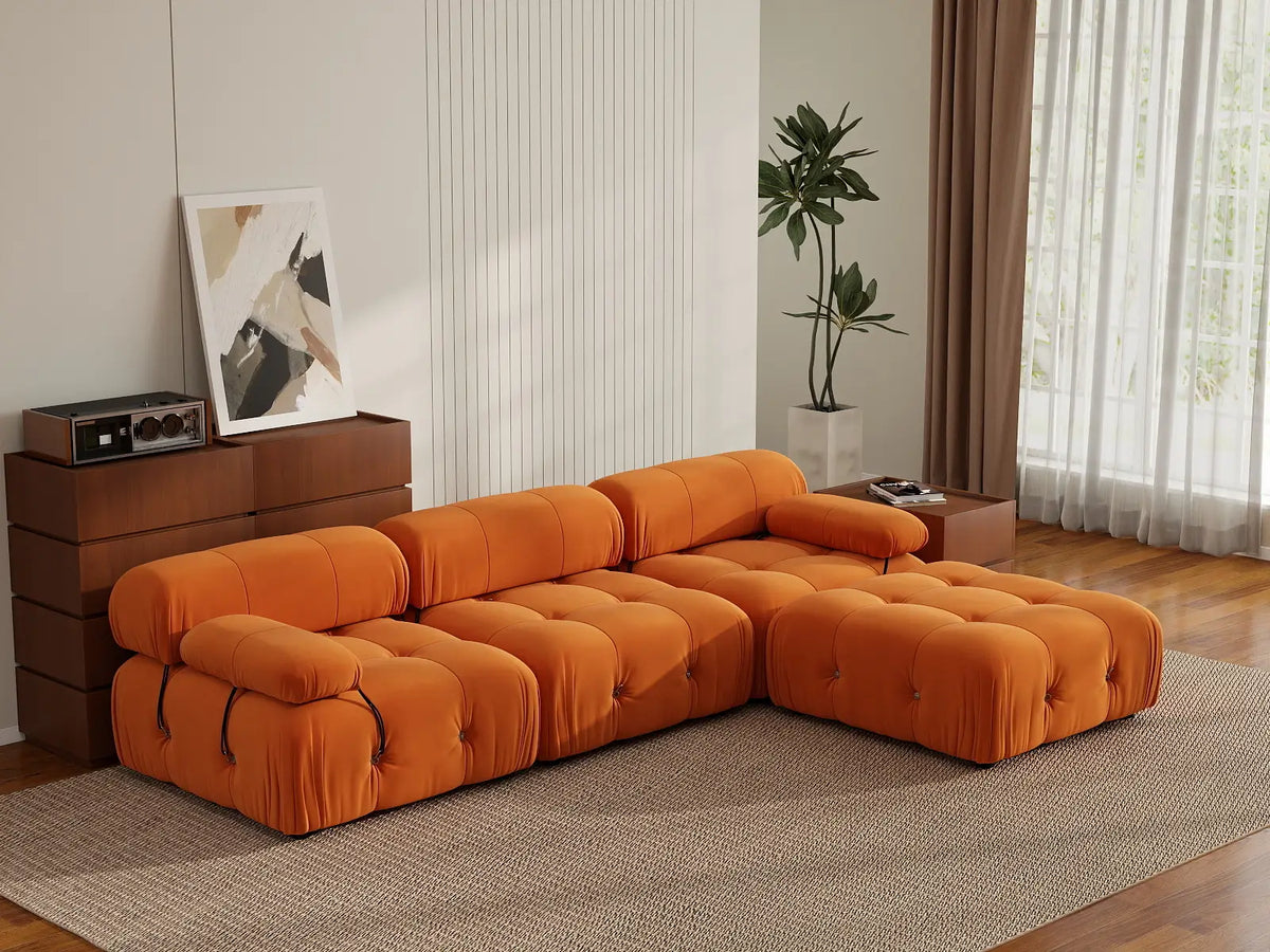 Éther Orange 3-Seater L-Shaped Sectionals | 4-Piece (includes 1 ottoman), Velvet Fabric, Fixed Upholstery