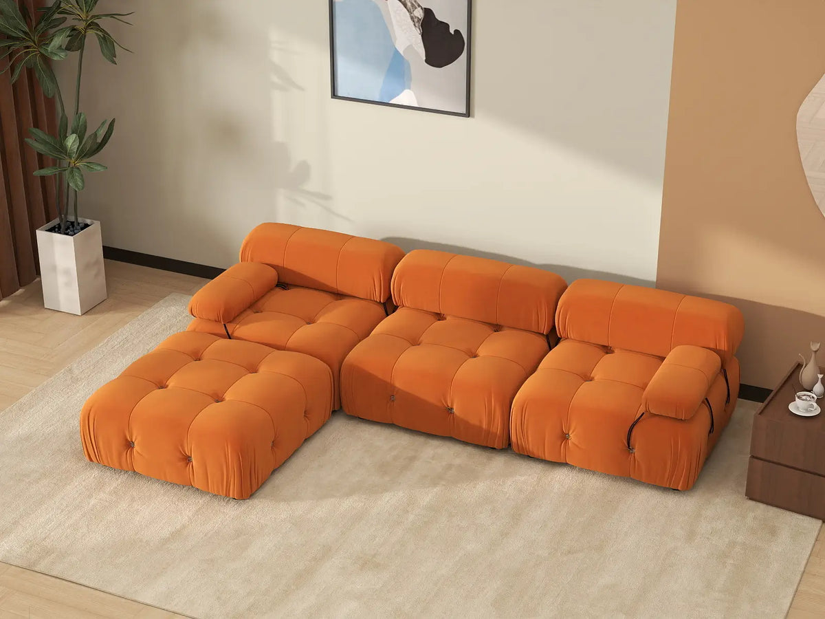 Éther Orange 3-Seater L-Shaped Sectionals | 4-Piece (includes 1 ottoman), Velvet Fabric, Fixed Upholstery