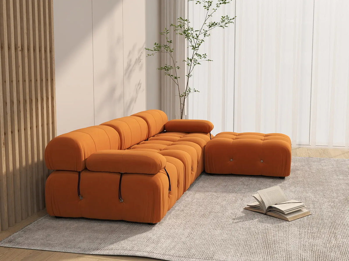 Éther Orange 3-Seater L-Shaped Sectionals | 4-Piece (includes 1 ottoman), Velvet Fabric, Fixed Upholstery