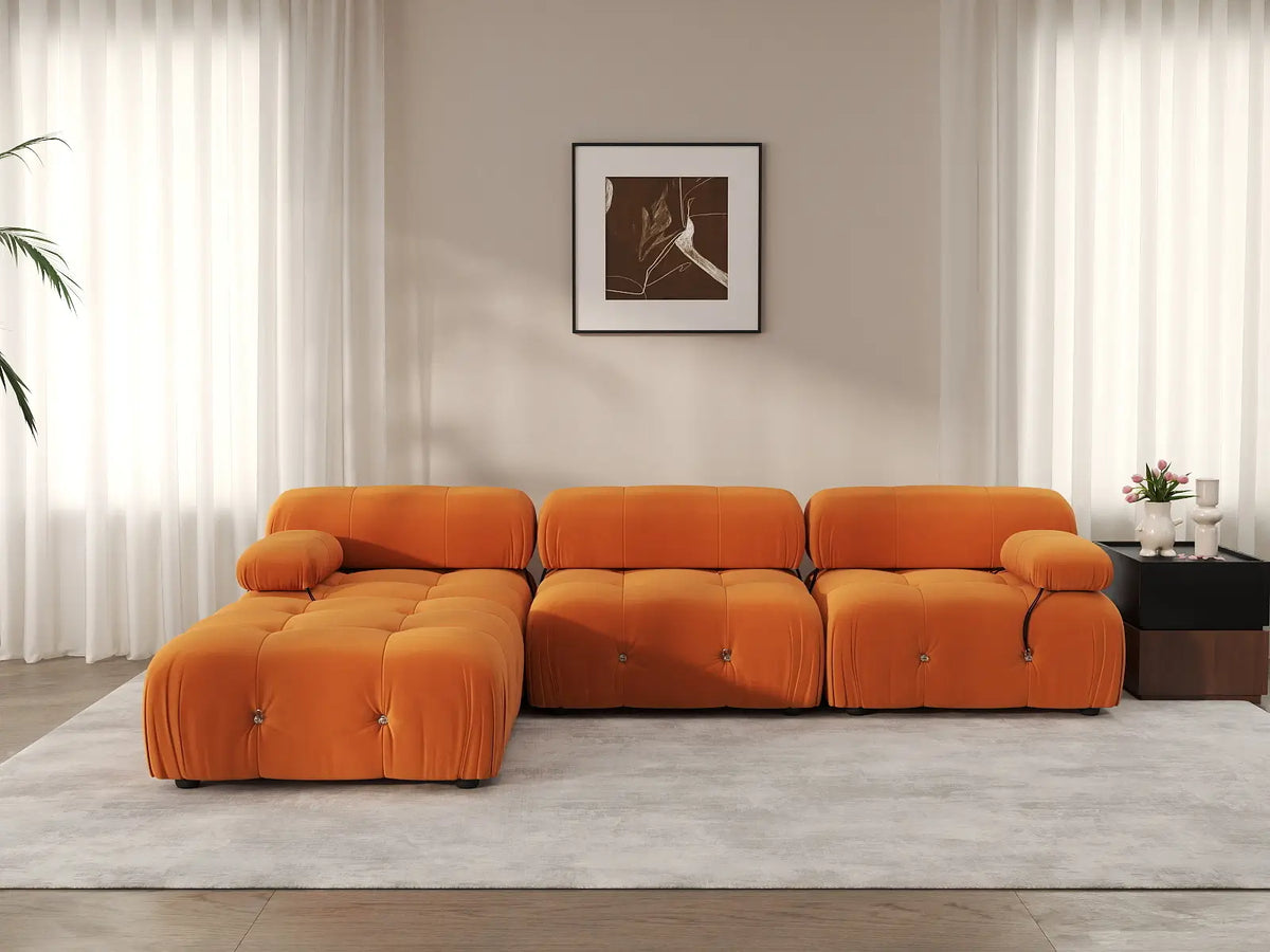 Éther Orange 3-Seater L-Shaped Sectionals | 4-Piece (includes 1 ottoman), Velvet Fabric, Fixed Upholstery