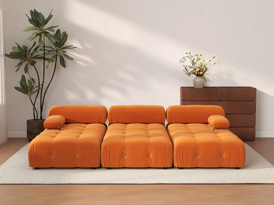 Éther Orange 3-Seater Pit Sectionals | 6-Piece (includes 3 ottomans), Velvet Fabric, Fixed Upholstery