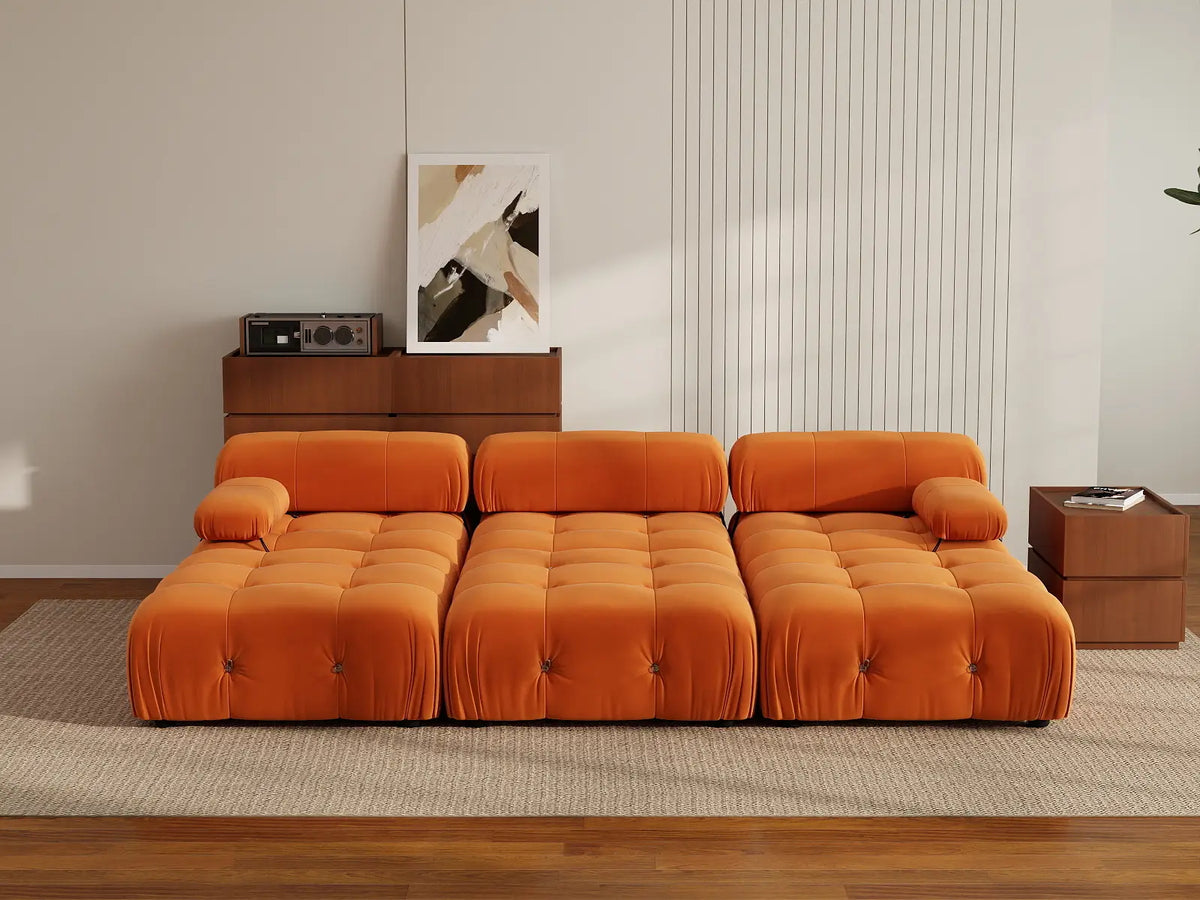 Éther Orange 3-Seater Pit Sectionals | 6-Piece (includes 3 ottomans), Velvet Fabric, Fixed Upholstery