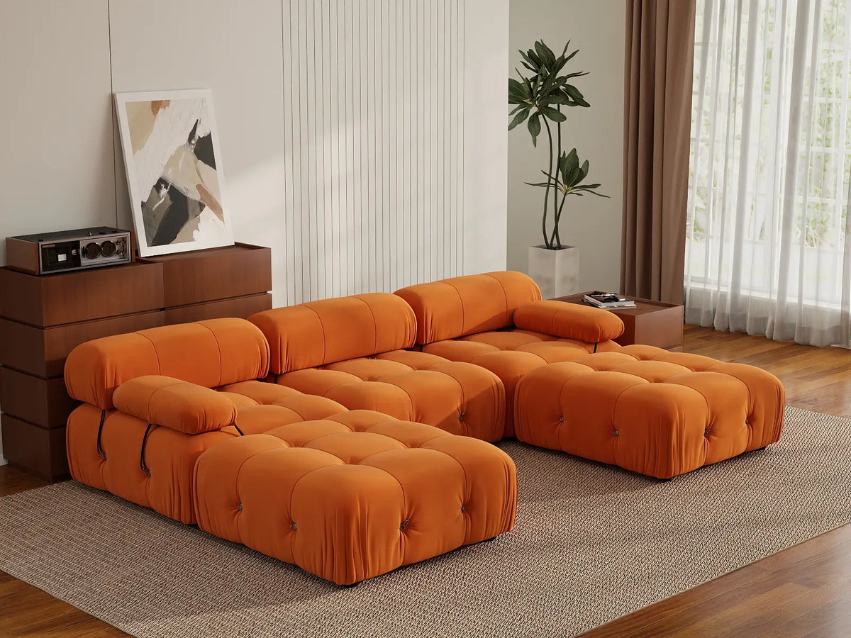 Éther Orange 3-Seater U-Shaped Sectionals | 5-Piece (includes 2 ottomans), Velvet Fabric, Fixed Upholstery