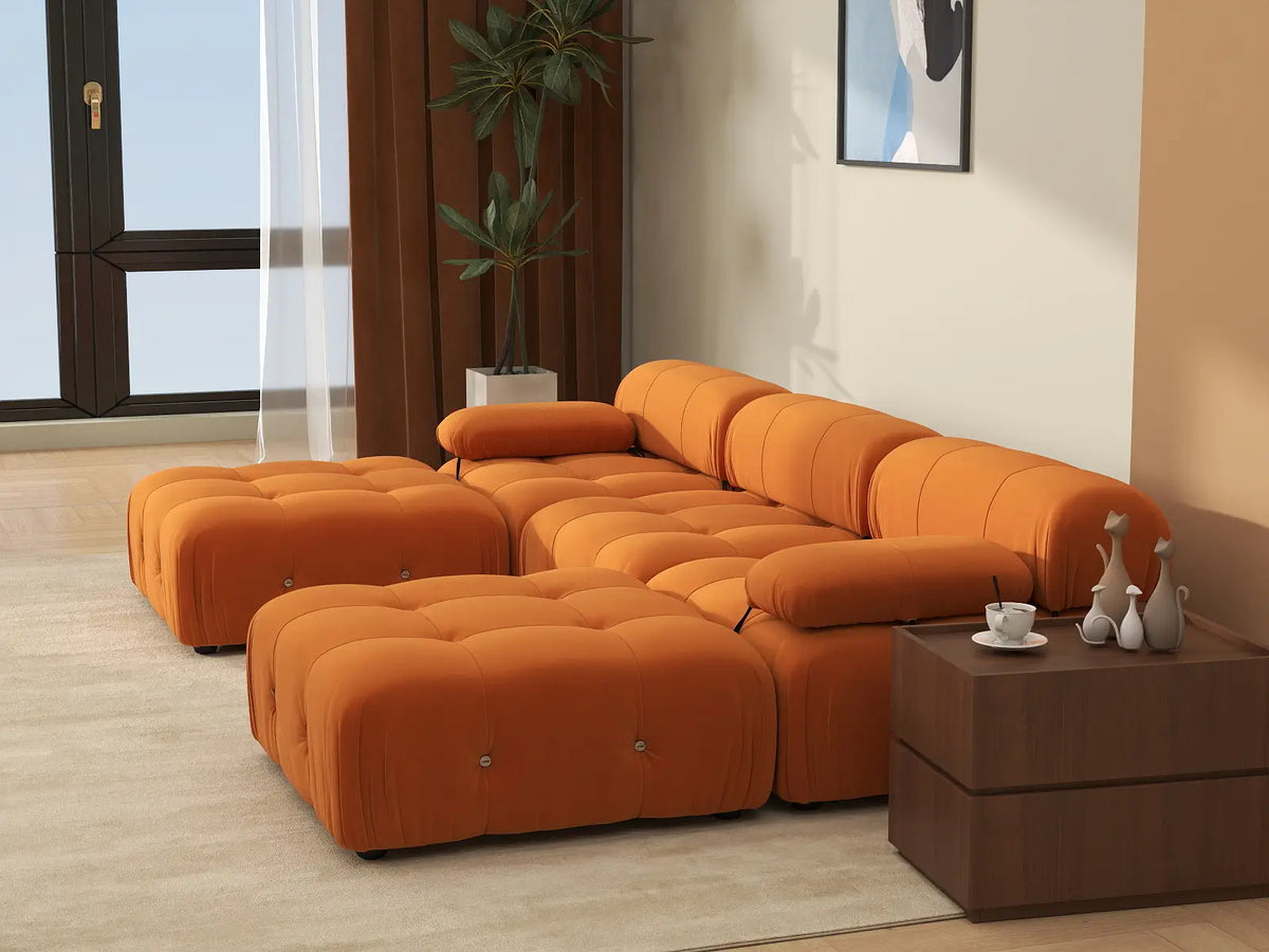 Éther Orange 3-Seater U-Shaped Sectionals | 5-Piece (includes 2 ottomans), Velvet Fabric, Fixed Upholstery