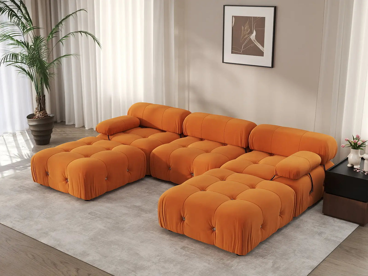 Éther Orange 3-Seater U-Shaped Sectionals | 5-Piece (includes 2 ottomans), Velvet Fabric, Fixed Upholstery