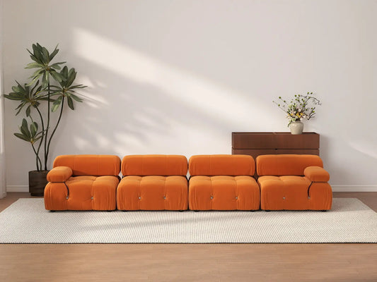 Éther Orange 4-Seater Couch Sectionals | 4-Piece, Velvet Fabric, Fixed Upholstery
